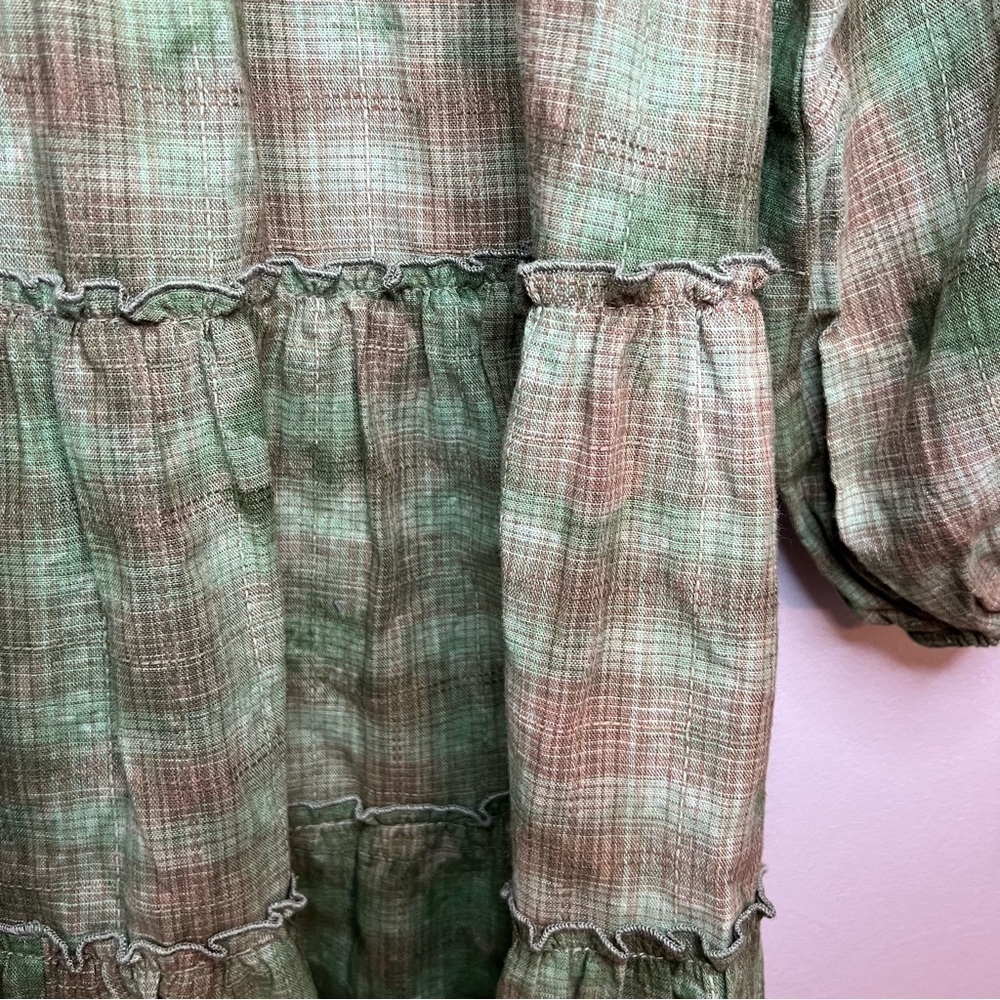 On You | Linen Tiered Tie Dye Mini Dress Babydoll Cuff Sleeve Bamboo Green Sz L - Picture 10 of 15